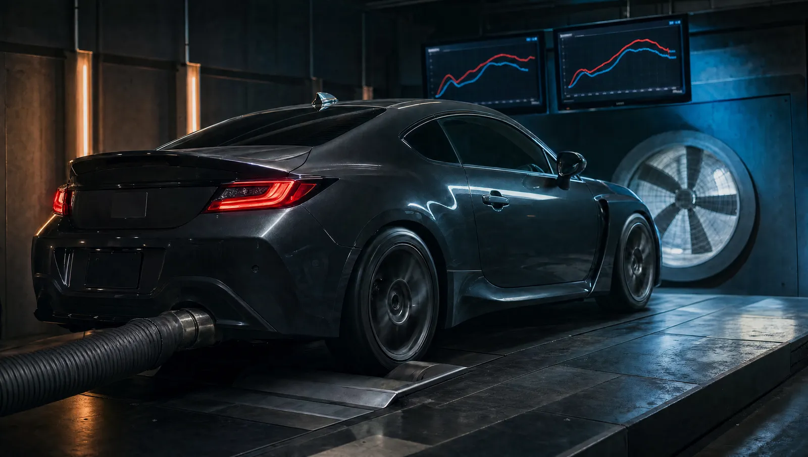 Auto kiinnitettynä dynamometrillä, takana näytöillä tehokäyrät