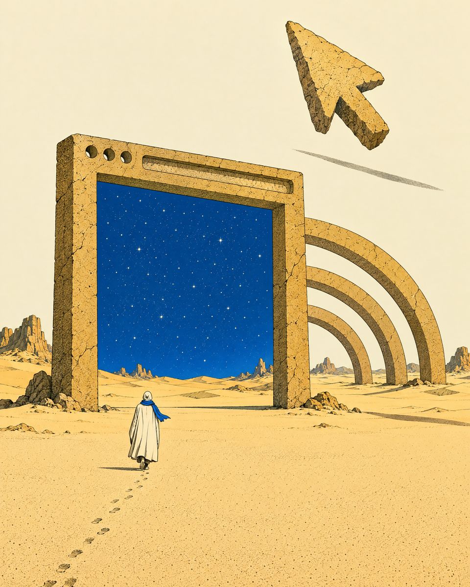 Illustration: a cloaked traveller walks across a desert toward a giant stone gateway shaped like a browser window, with a starry night sky inside it. A stone mouse pointer floats overhead and stone arches rise like Wi-Fi waves.